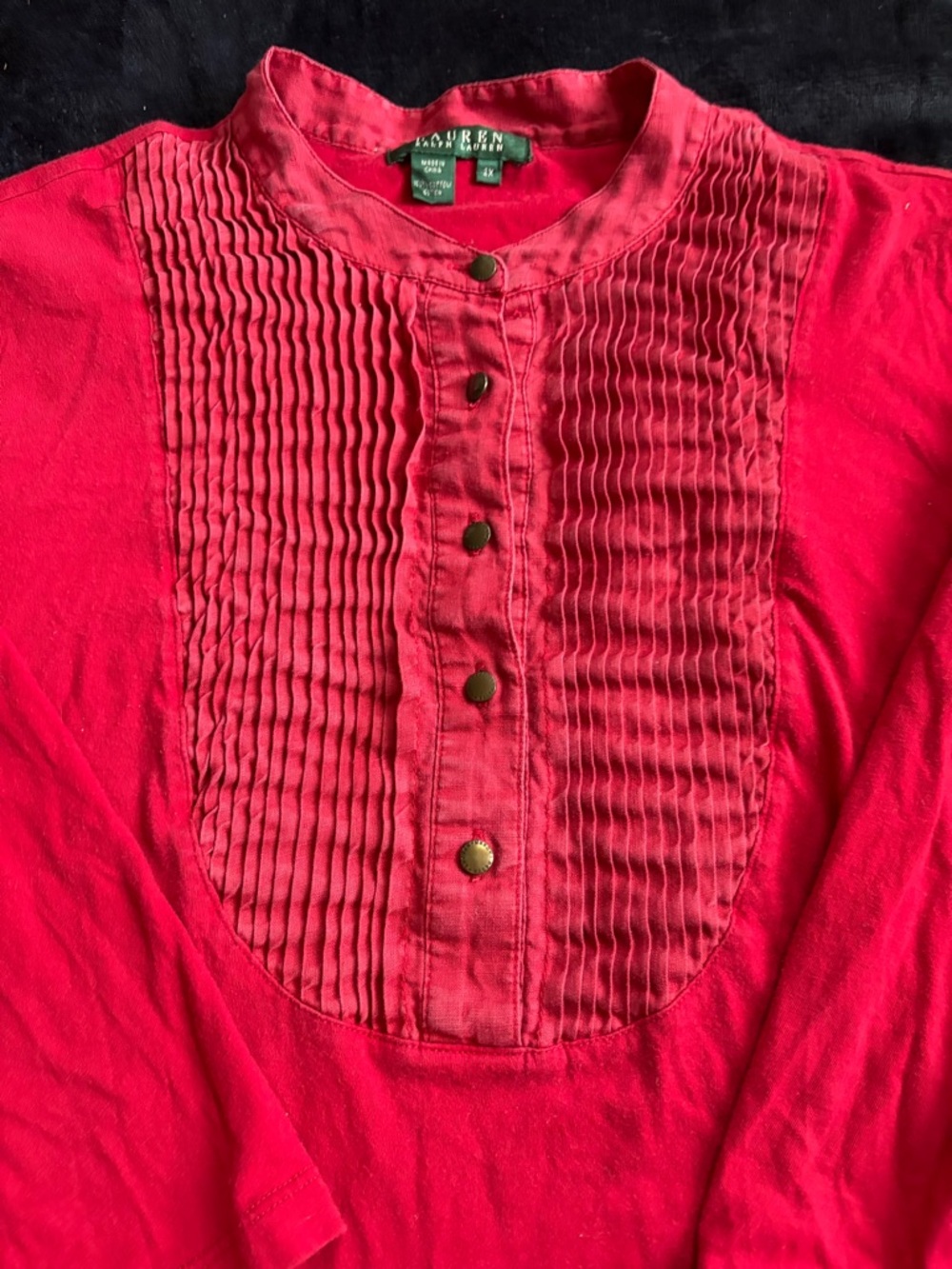 Lauren Ralph Lauren Red Pintuck Pleated Tunic Blouse 2X Cotton Bib Front